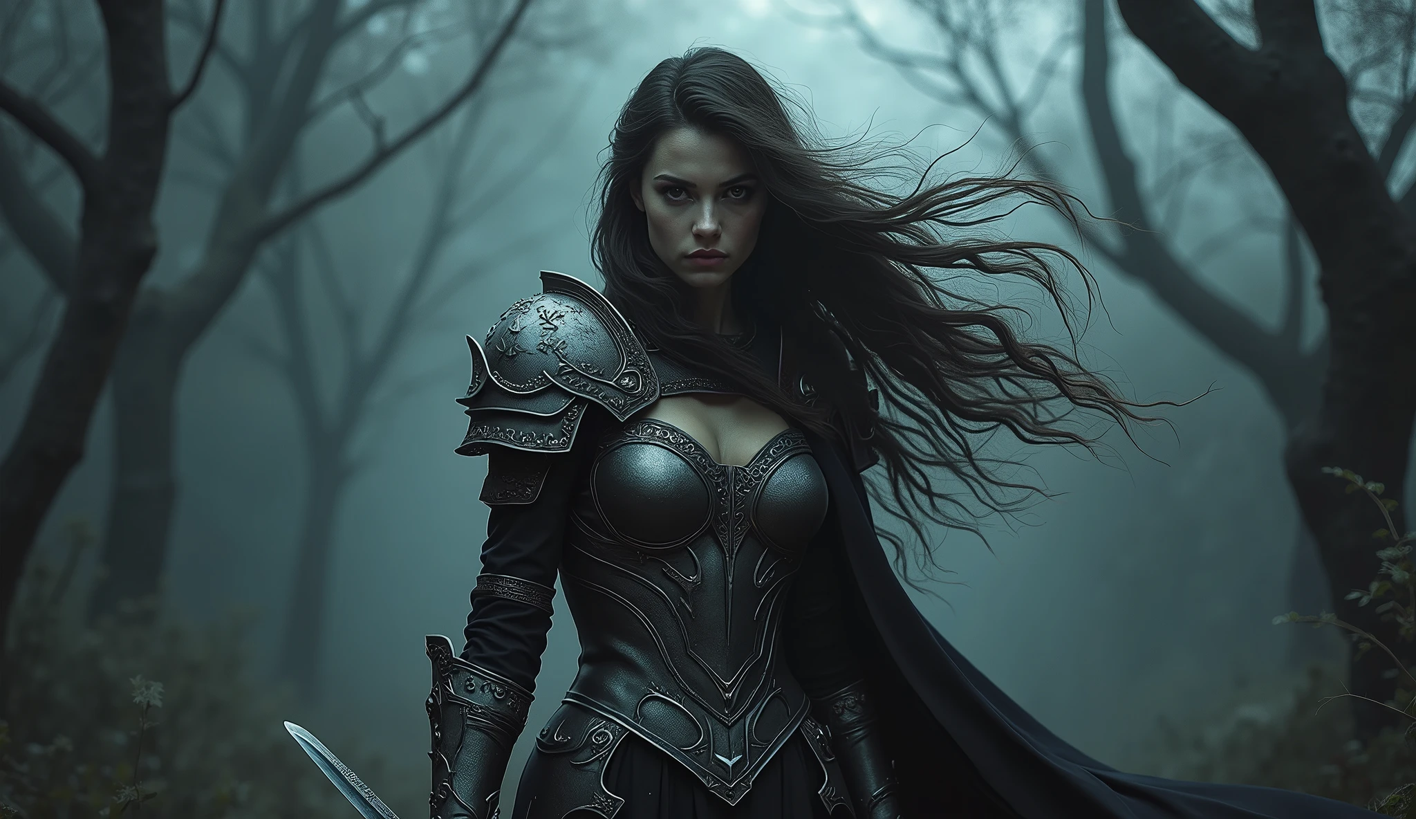 A female warrior with a fierce gaze, battle-hardened expression, long flowing hair, intricate armor, wielding a sharp sword, in a dark and moody fantasy landscape, dramatic lighting, cinematic composition, hyper detailed, concept art style, dark color palette, moody atmosphere