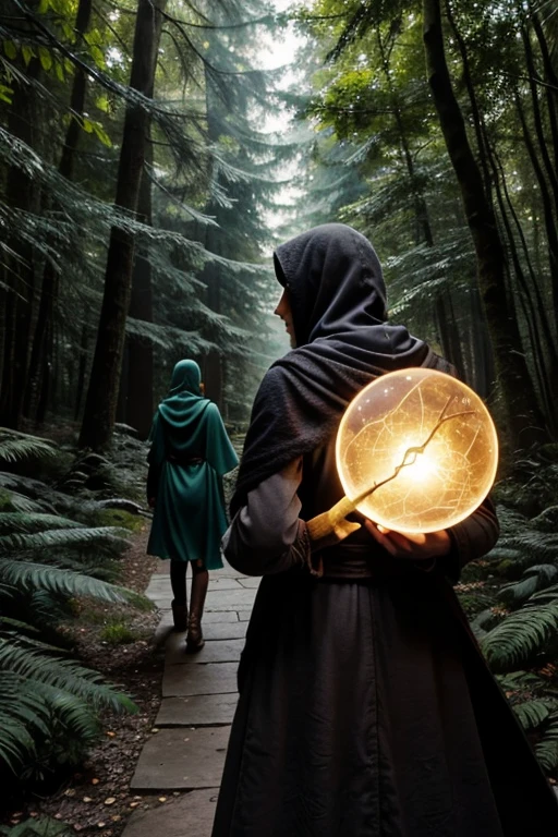 Visual Description: A young girl, Elara, leads a group through an enchanted forest. Elara, dressed in simple yet practical clothes, holds a glowing gemstone in one hand. Beside her, a talking fox with a mischievous grin trots alongside, and a mysterious ranger, cloaked in green with a hood that partially obscures his face, follows closely. A reclusive mage, older with a long gray beard and a staff, brings up the rear. The forest around them is filled with towering trees, magical creatures peeking out from the foliage, and an aura of mystery and adventure.