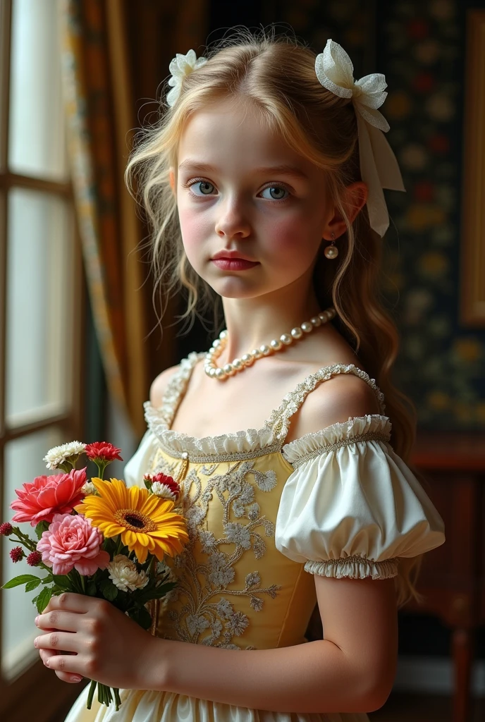 (best quality,4k,8k,highres,masterpiece:1.2), ultra-detailed, (realistic,photorealistic,photo-realistic:1.37),In the portrait of this enchanting , the daughter of a prosperous merchant during the flourishing 17th century in the Netherlands, every brushstroke captures the essence of her youth and nude innocence. Her golden locks cascade in gentle waves, adorned with ribbons and pearls that speak of her family's affluence. Each curl seems to dance in the light, framing her cherubic face with an air of purity and grace. Her eyes, wide and bright, reflect the curiosity and wonder of childhood, as if every glance is filled with endless possibilities. Her rosy cheeks flush with vitality, a testament to her health and happiness in the embrace of her privileged upbringing. A delicate dimple graces her smile, adding a touch of sweetness to her countenance that is as charming as it is captivating. Dressed in the finest silks and lace, her gown whispers softly with every movement, a symphony of luxury and refinement. Embroidered motifs and intricate details adorn her attire, showcasing the exquisite craftsmanship of the era and her family's esteemed status in society. In her hands, she holds a posy of fresh flowers, their vibrant colors mirroring the bloom of her youth. With each delicate petal, she seems to embody the essence of spring itself, a beacon of hope and renewal in a world filled with uncertainty. This portrait of the 12-year-old daughter of a prosperous Dutch merchant is not just a representation of beauty; it's a window into a bygone era of elegance, privilege, and the timeless innocence of youth.sexy cleavage