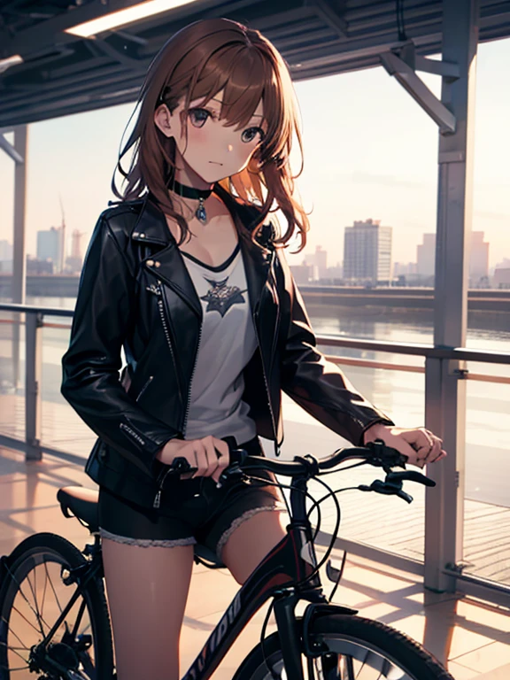 rider, Black Leather Jacket, Riding a Bicycle, Misaka Mikoto, 1girl, black choker, uhd, retina, masterpiece, ccurate, anatomically correct, textured skin, super detail, high details, high quality, best quality, highres, 4K