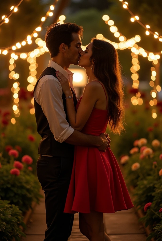 Timothée Chalamet kissing a girl in a short red dress, showing a promise ring at night in a garden with lights