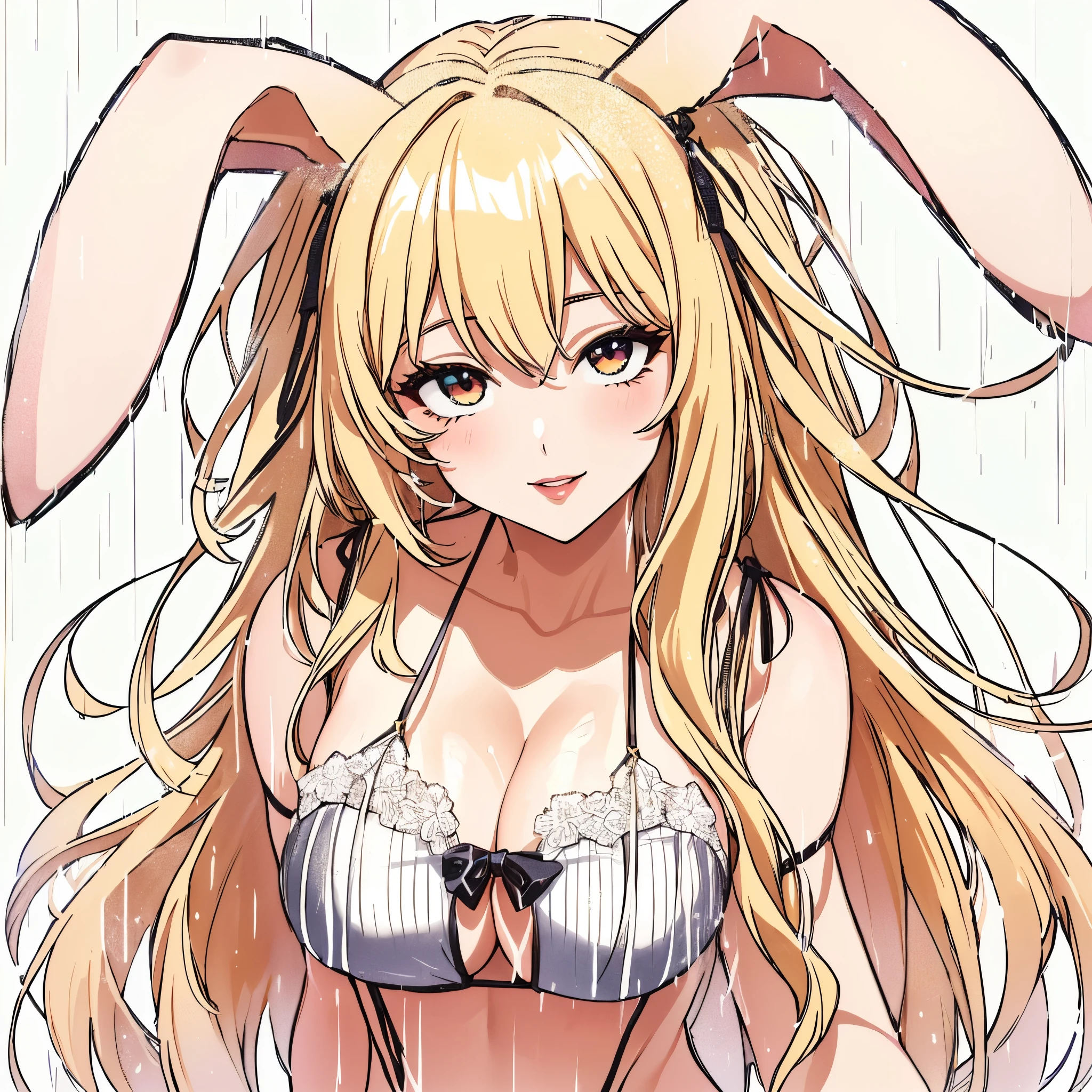25 year old young man, adult woman, anime girl with blonde hair and rabbit ears walking in the rain, blonde girl in a bikini, put the girl in a bikini, beatiful boobs, black leagwear, big neckline, roupa sensuous, sexy girl, black bikini, black swimwear, Flying hair, sexy girl, sensuous, sorriso sensuous, charming smile, provocative clothes, big boobies, decote sensuous, sultry eyes, 8k, sensual lips, Pretty lips, sky background with lots of clouds