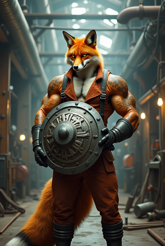 A muscular fox wearing a double-closure industrial jumpsuit, but the top part doesn't have a shirt, holding a shield