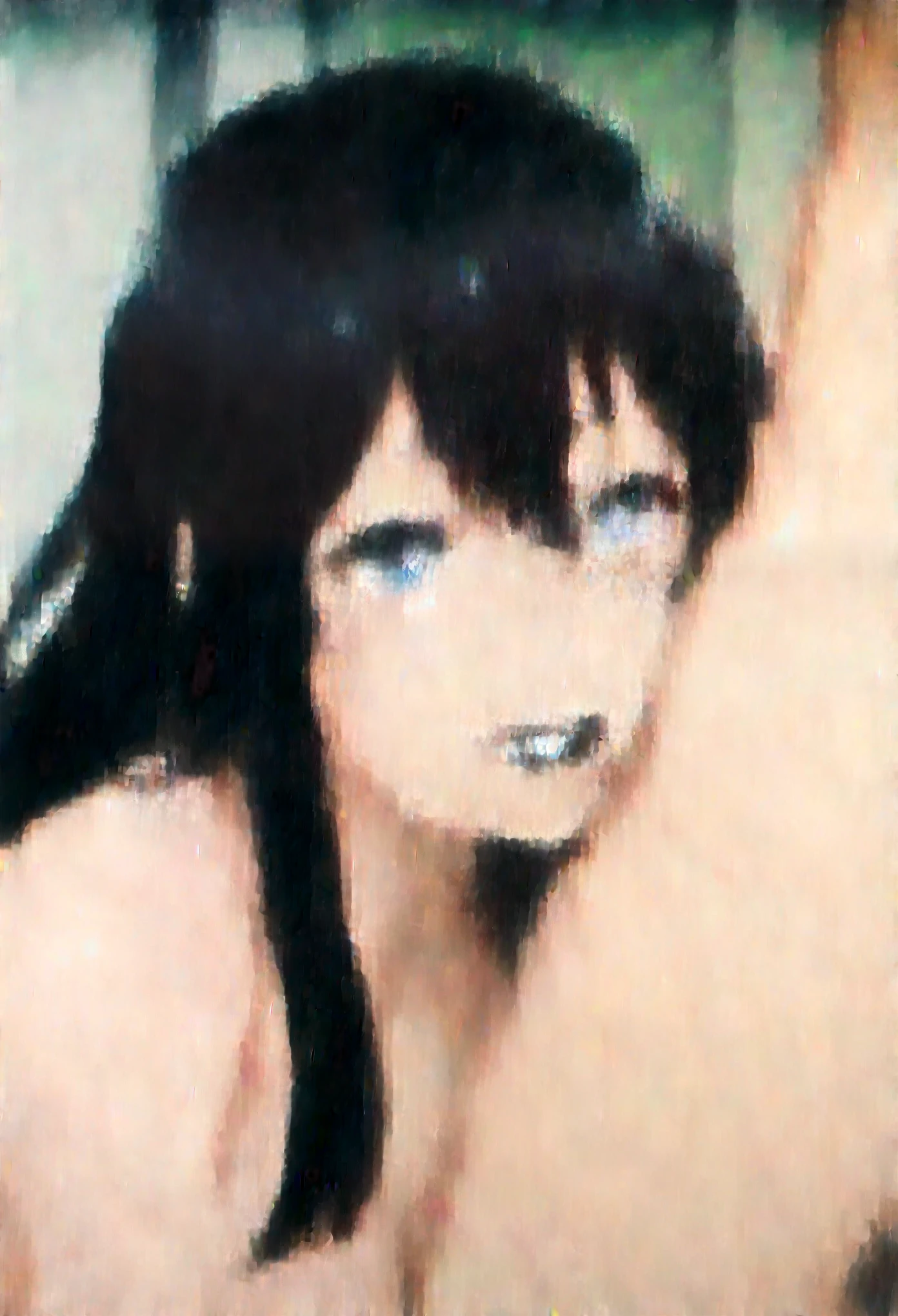 anime screencap, yuri, close-up, long hair, black hair, blue eyes, pussy juice, pussy juice in mouth, pussy juice on face, black lipstick, smile, heart-shaped pupils