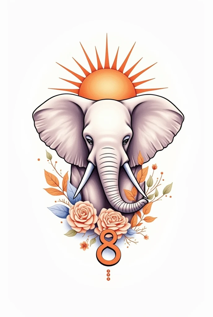 Minimalist linework tattoo design in color with sun elements, Elephant and the number 8