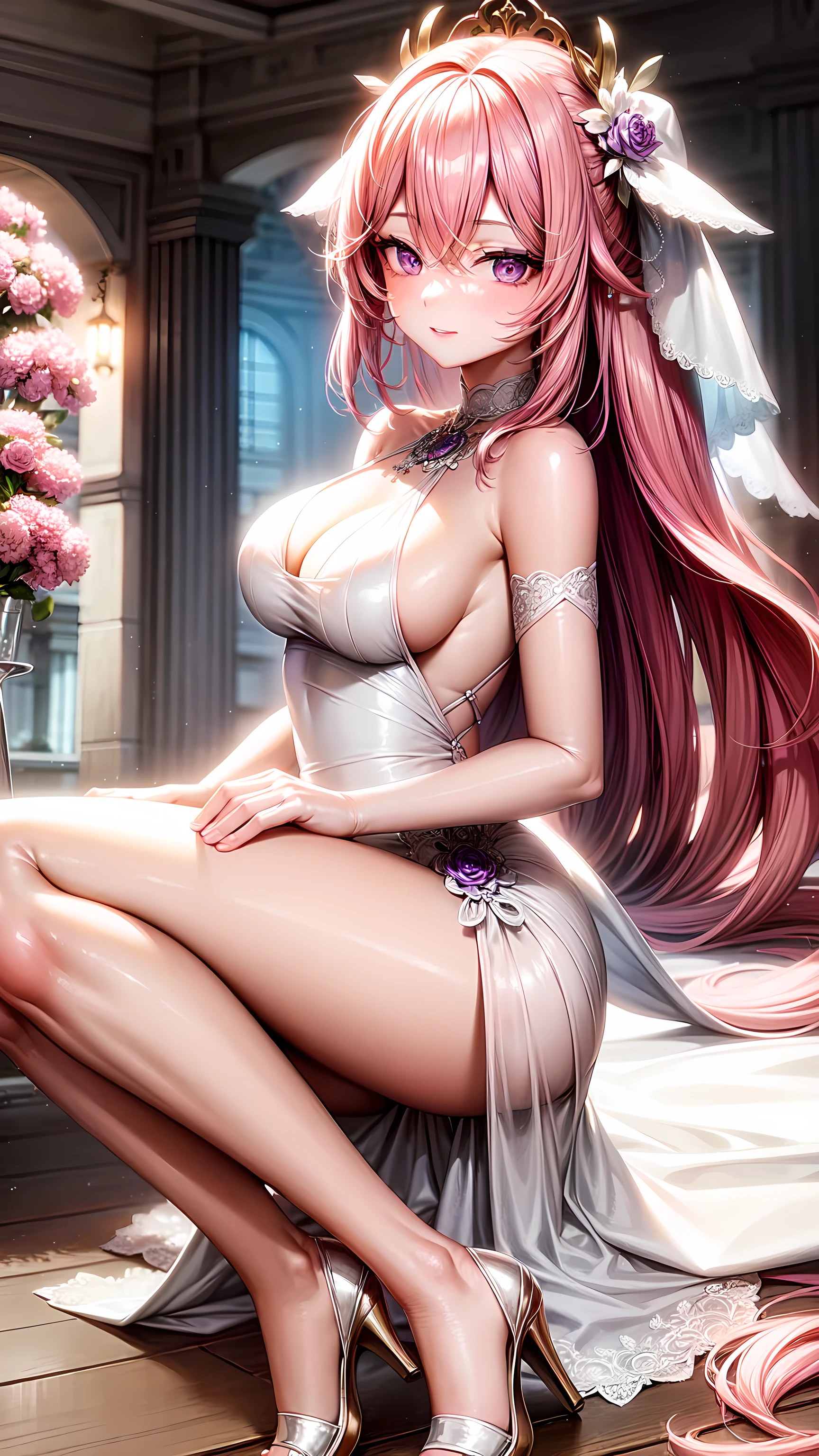 purple eyes,Wedding dress,long skirt,pink hair