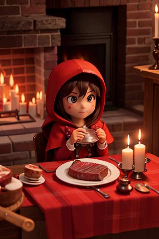 little red riding hood, fireplace, Dining table, Bloody steak, Candles, red wine