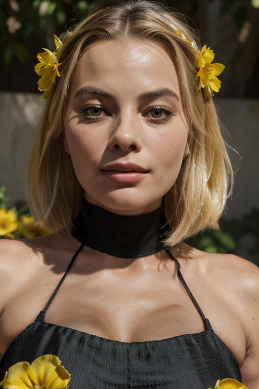 A beautiful woman with black eyes and a textured mouth, blonde hair and a delicate nose,Similar to (Margot Robbie) with her features ultra-realistic graphic, photo shoot global illumination, 4K image, ultra-detailed, With a black dress with yellow flowers and yellow heels