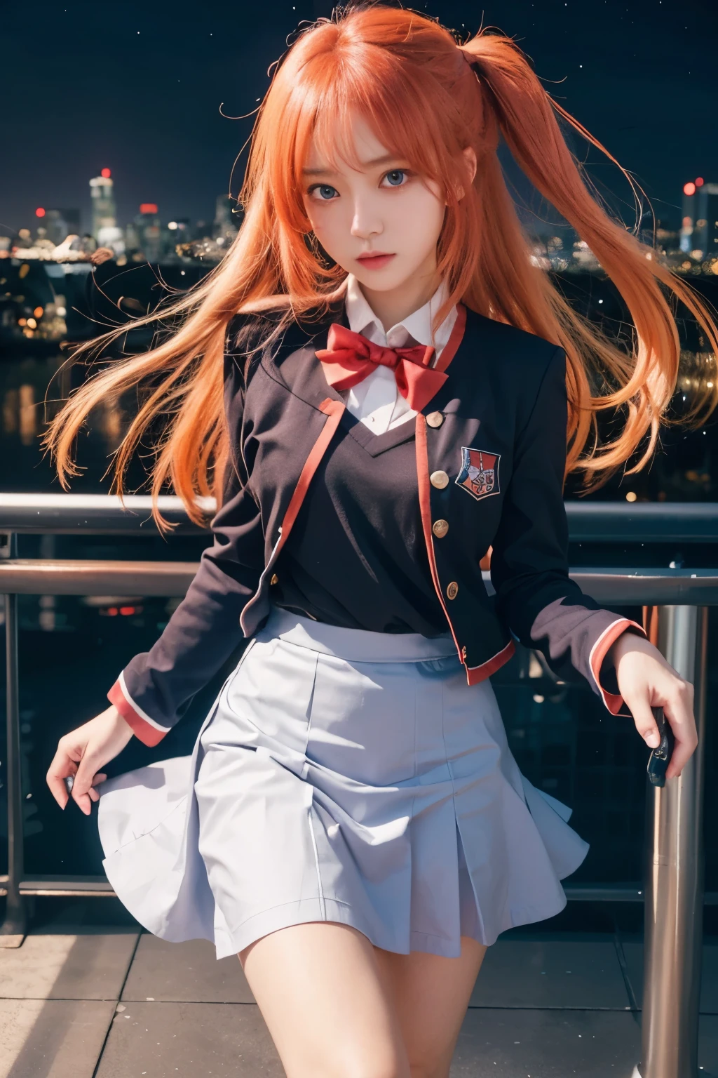 Ruby hoshino, caracter of oshi no ko anime, red eyes, blue hair, blue highschool uniform, detailed face, detailed hair, detailed eyes, detailed hand, ultra realistic, ultra detailed, best quality, masterpiece.