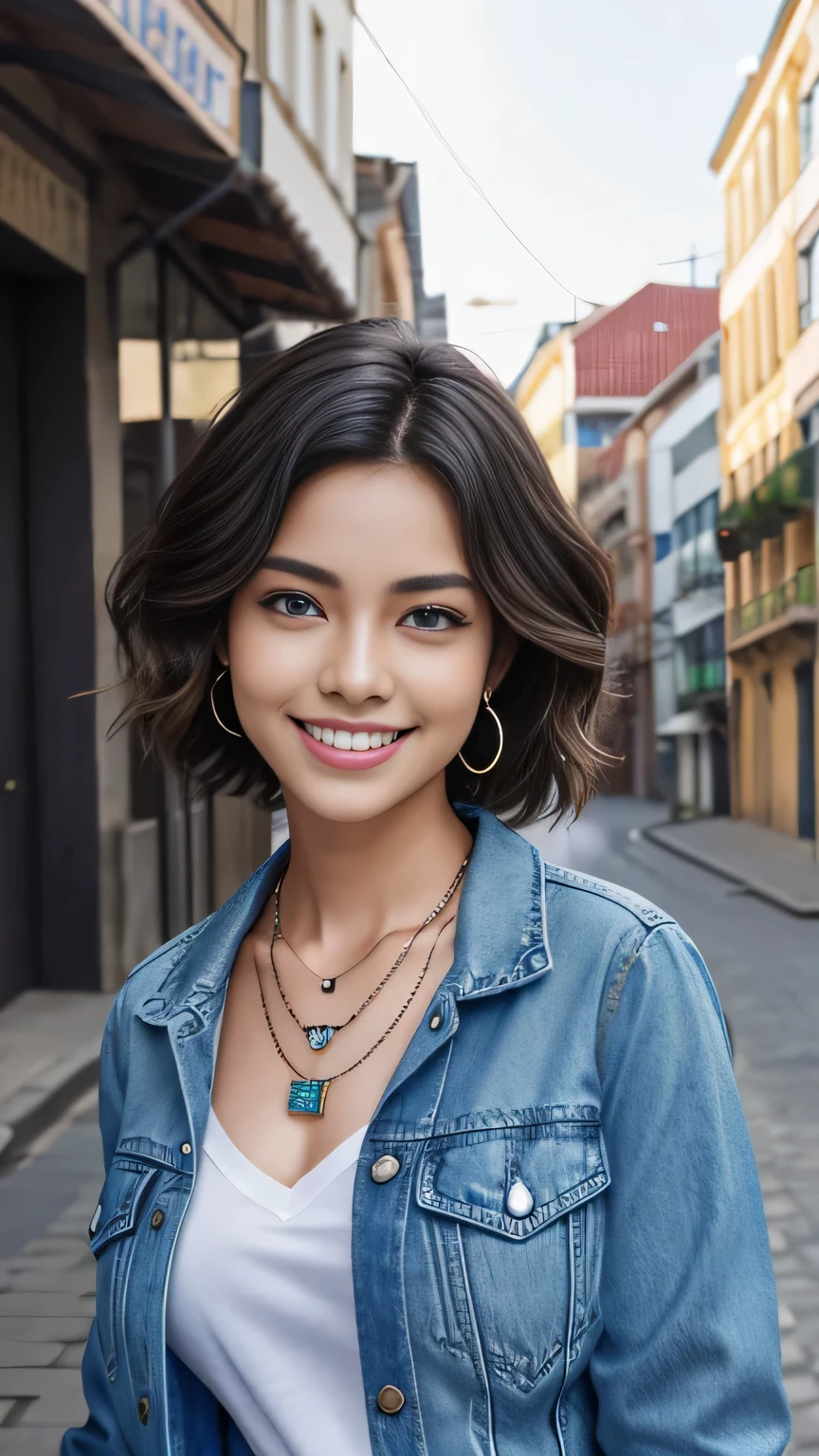 Super Resolution、beautiful Brazilian woman、Short Haircut、Wavy Hair、ear piercing、necklace、leather jacket、shirt、smile、Beautiful teeth alignment、The background is a town street