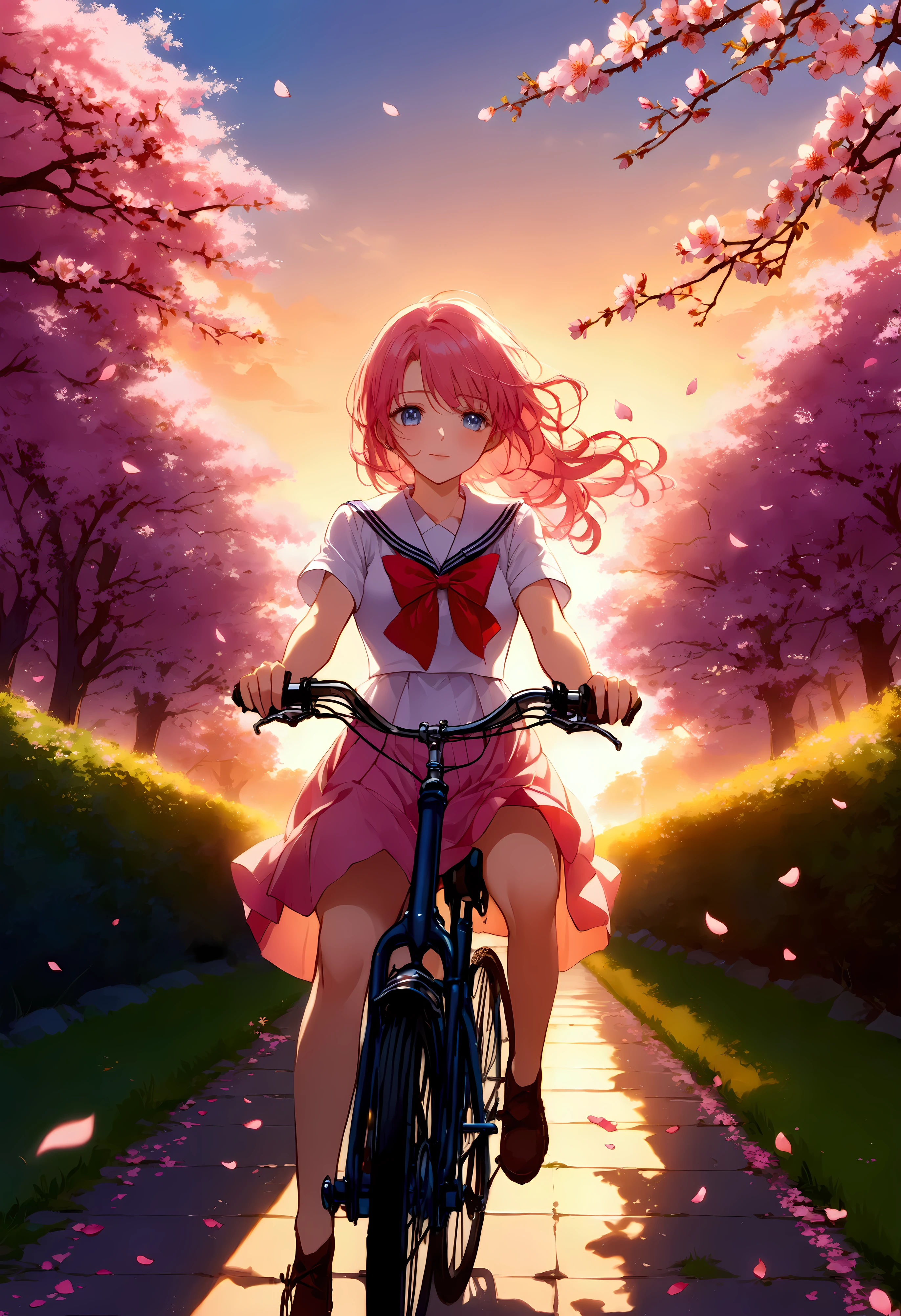 Design an award-winning anime official art wallpaper featuring a stunningly beautiful high school girl riding a bicycle through a serene landscape during a summer sunset in Japan, with sakura trees in the background. The girl, dressed in a classic Japanese high school uniform with a neatly pressed skirt and a sailor collar, radiates youthful beauty and elegance. Her short, flowing hair is gently tousled by the breeze, adding a sense of movement and vitality. Her eyes are bright and reflective, capturing the warmth and romance of the moment, while her soft smile conveys a sense of peace and contentment. The background is bathed in the golden and pink hues of a summer sunset, with the sun dipping low on the horizon, casting a warm glow across the scene. The sakura trees, though typically springtime icons, stand tall and beautiful, their delicate pink petals softly illuminated by the fading light. Sakura petals are gently carried by the breeze, floating around the girl and adding a romantic, dreamy quality to the image. The overall composition is designed to evoke a sense of tranquility and nostalgia, with the interplay of sunset colors and drifting sakura petals creating a perfect backdrop for the serene and graceful high school girl. This official art wallpaper captures the essence of a fleeting summer evening in Japan, combining the beauty of youth with the romantic atmosphere of a sakura-filled sunset. ((riding a bicycle):1.5).