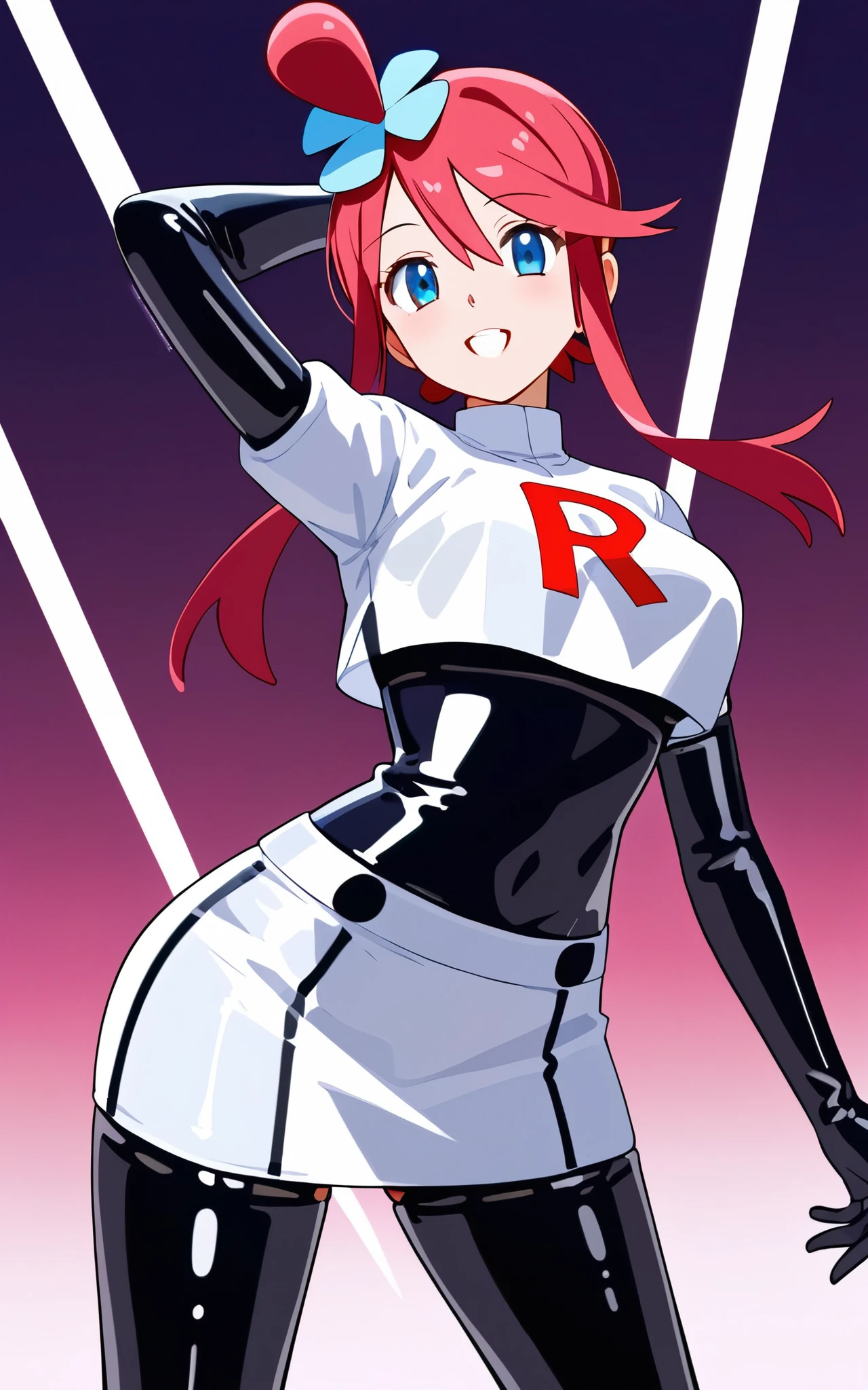 1 girl, skyla from pokemon, glossy lips, team rocket, team rocket uniform, team rocket outfit, team rocket clothes, glossy red letter R, latex white skirt, latex white crop top, latex black thigh-high boots, latex black elbow gloves, all material latex, extremely glossy material, material extremely light reflective, lots of light, rich anime girl laugh, sexy pose