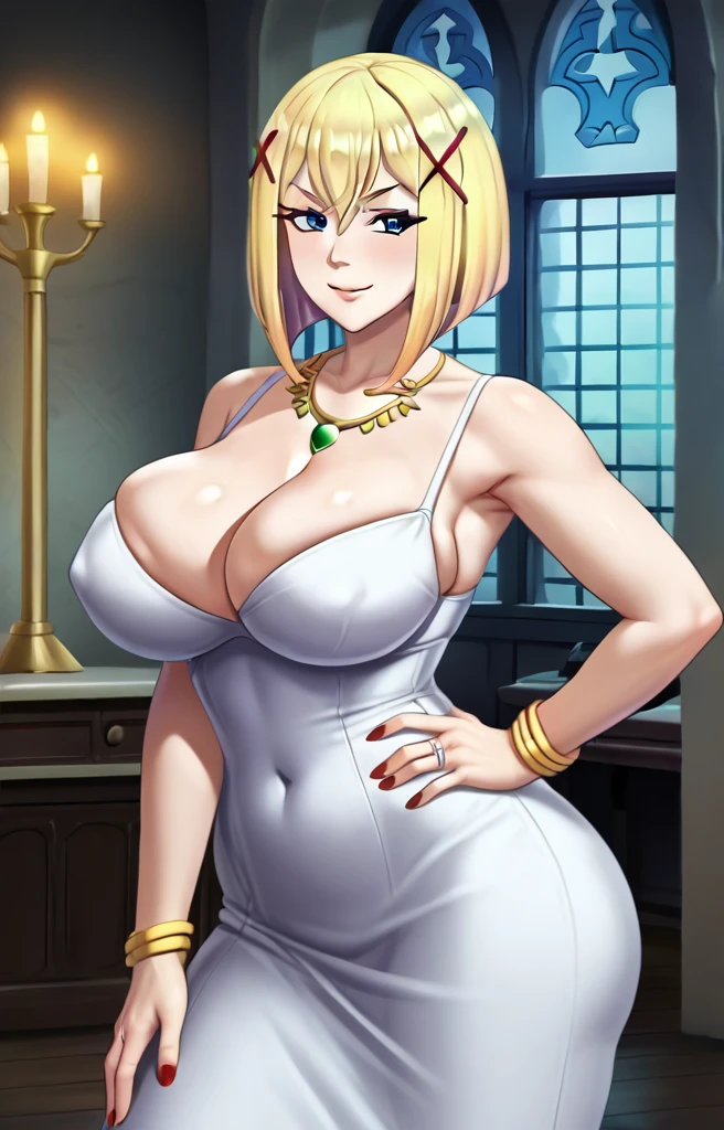 Darkness lalatina,konosuba,Big breast,Plump,Curvy figure,Golden bracelet,Half open eyes,((multi-strand necklace)),Big pearl earring,Mature,thin Classy dress,Cleavage,diamond Wedding ring,Enchanced breast,Cross hairpin,Corrupted noble,red color long nail,Queen anne cleavage,Blonde,Majestic mansion,1hand on hips,No bang hair,Noble rings,modern anime quality,Sleeve,Tight thights,Konosuba anime artstyle,Swaying hips,smile,Bob hair,Eyeshadow,red Lipstic,horny expression,Enchanched ass,Unnatural big breast,Detailed face