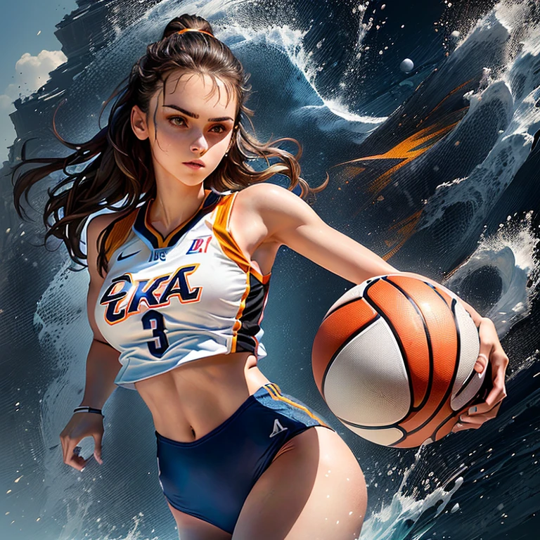 arafed woman in a bikini holding a basketball and a basketball ball, Emma Watson - tall NBA player, basketball, sports, photoshopped, anna nikonova, Good, posterized, Ball handling, Alexandra Valishevskaya, Nina Dobrev, sports physique, olga buzova, Sanya Stikovich, yulia nevskaya