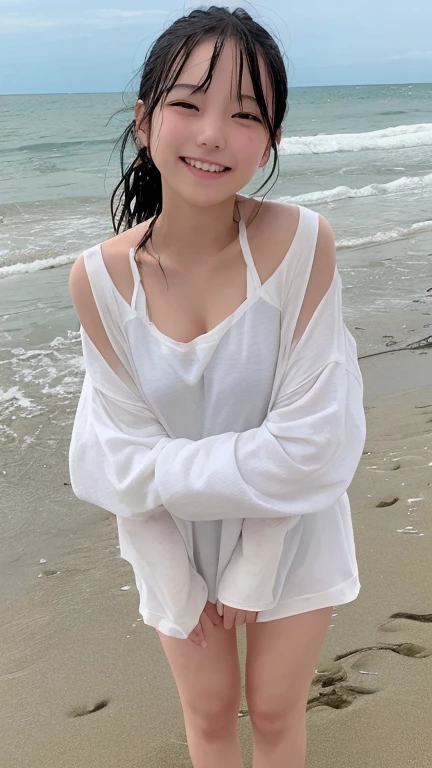 One Girl,Beachでビキニ姿で髪を洗う,close your eyes,look up,The shower water poured down her face,smile,Beach,Full body image,Beachにたくさんの人
