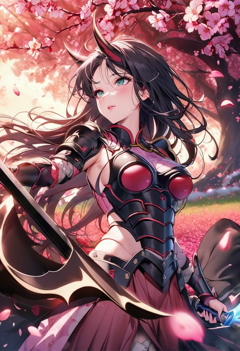 Lucy Liu in feminine samurai battle armor, brightly colored demon themed, dark energy swirls around her, wielding an intricate black bladed sword, she is moving through a cherry orchard, cherry petals falling around her like snow, hateful look on her face, show her from head to toe, show her entire body