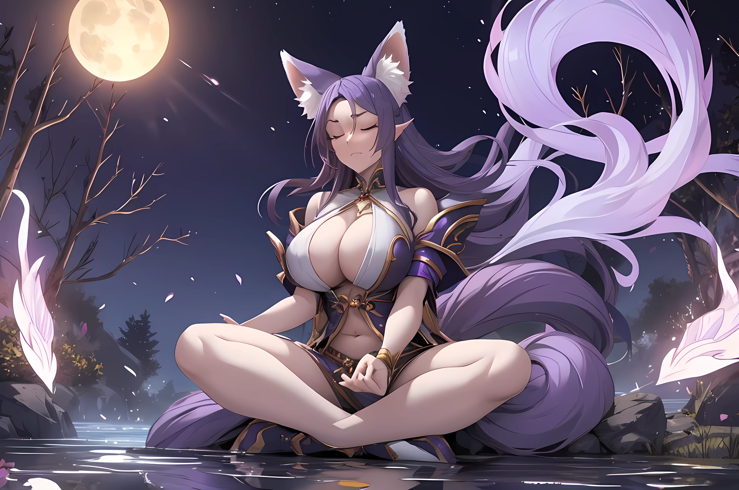 Mature woman, purple hair, huge breasts, 9 fox tails, fox ears, battle outfit, serious expression, mage armor, meditating over a pond, floating, sitting, eyes closed 