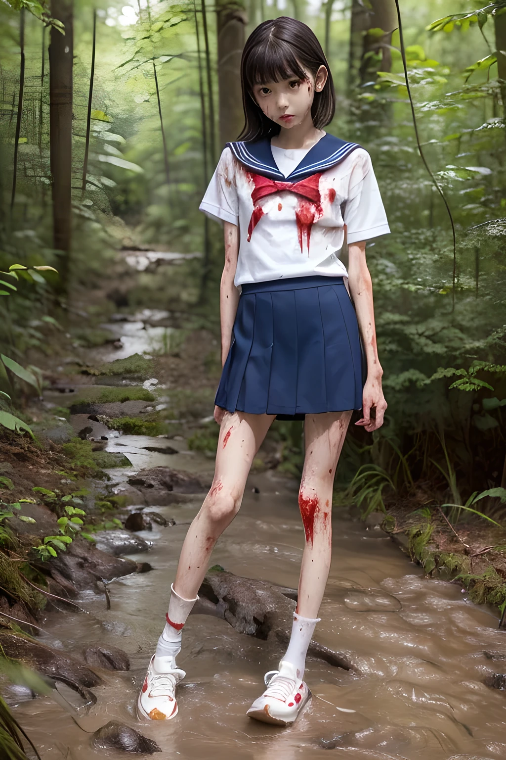 (8K、RAW Photos、highest quality、masterpiece:1.2), (Realistic、Photorealistic:1.2), (High resolution skin:1.1), Beautiful young girl,japanese, 11 years old,small breasts,(Slender girl:1.4),(Thin legs:1.5),dark blue mini skirt,sailor suit, (White socks), Short sleeve,sneakers, whole body,forest,standing,(muddy),(wounds,bloody legs:1.4)