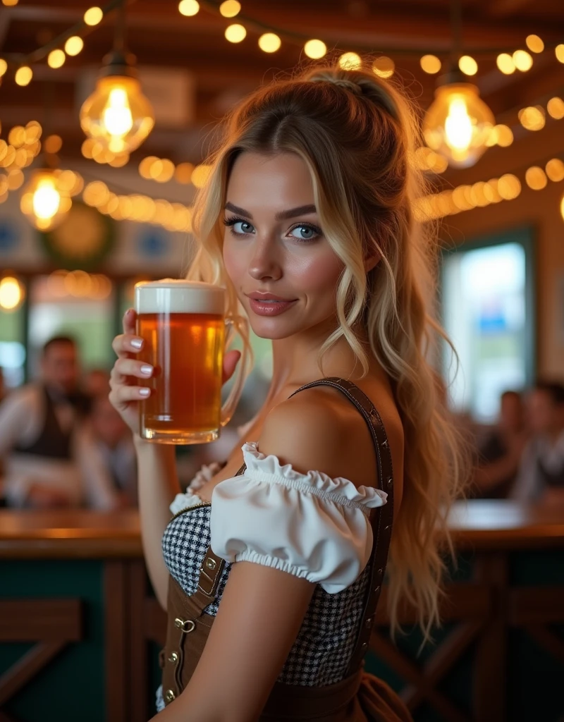 score_9, score_8_up, score_7_up, score_6_up, score_5_up, score_4_up, realistic style, photo, photorealistic, high detail, (sharp), BRAKE, glamorous German, blonde, funny pigtails, pretty face, blue eyes, thick lips, slim, huge breasts, national German costume, nude breast, (Oktoberfest outfit), posing in a bar, with a beer mug, looking at viewer, Oktoberfest
