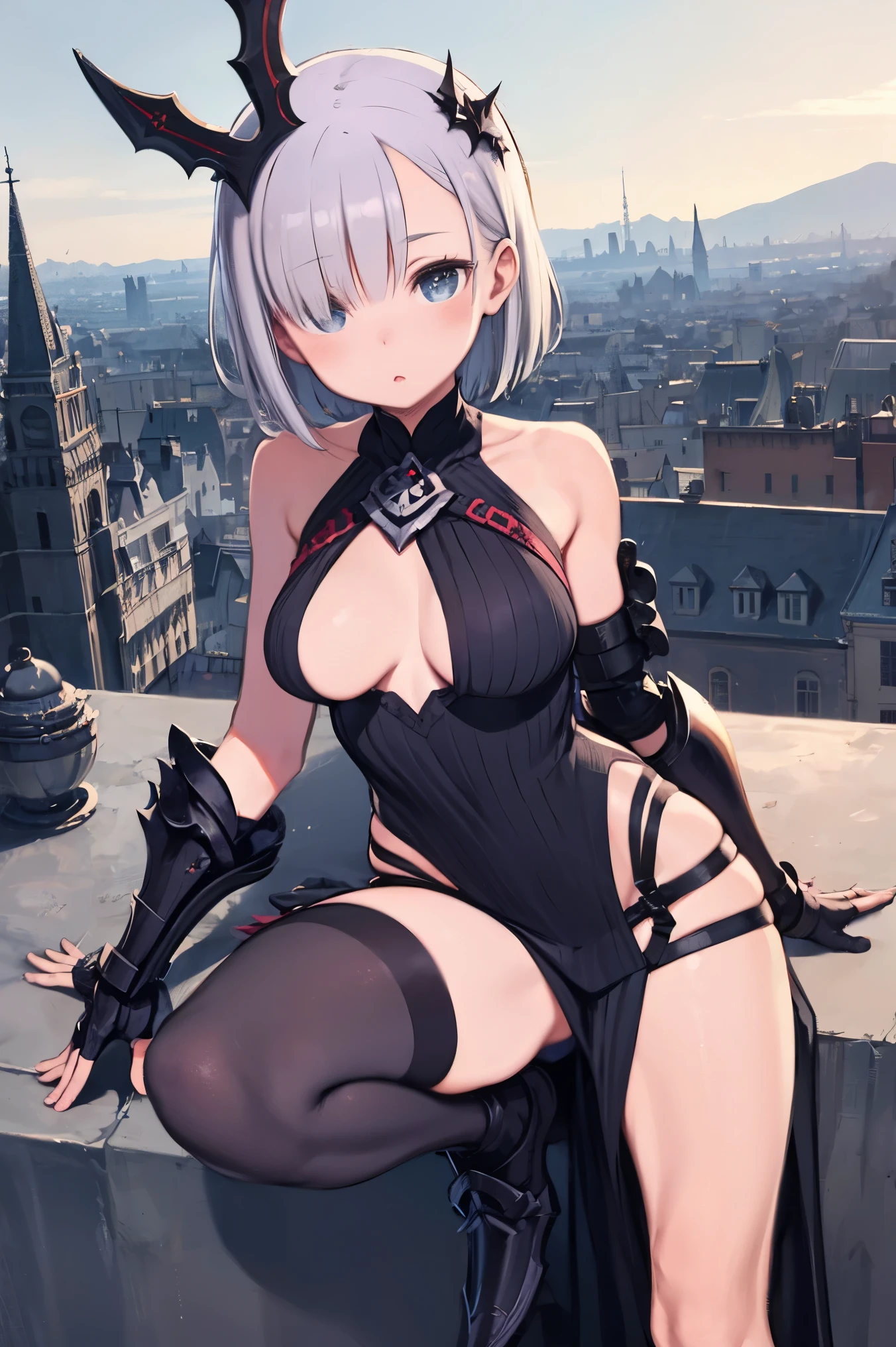 ((masterpiece)), ((best quality)), (ultra-detailed), ((kawaii)), cute, (lovely), ((sexy)), ((extremely detailed)), 4K, (8K), best quality, (beautiful), (anime style:1.2), flat color, painting, //, dynamic pose ((nsfw)), //, upper body, gradation, Beautiful girl with gray hair,short gray hair, Sick,White pupils yellow eyes, gray skin,The legs are very thin,The legs are long, red eyelashes, masterpiece, 1girl, medium breasts, flirting, from behind, buttcup, knight, dark knight, (black armor), The legs are long,medium breasts, from sides, short hair, (gray hair, Deep yellow Eyes:1.2), Sparkling eyes, Cute face, kawaii, Large breasts, delicate hair, medeival fantasy town, Huge city, Beautiful city with gardens, monument, Palaces and beautiful buildings, Epic Fantasy City, ((low camera angle, ground view)), yellow eyes, glowing eyes, masterpiece, 1girl, 20year medium breasts, naked, flirting, ((low camera angle, ground view)) Tall and tall,Thin, 8k, ultrarealistik, oficial art,