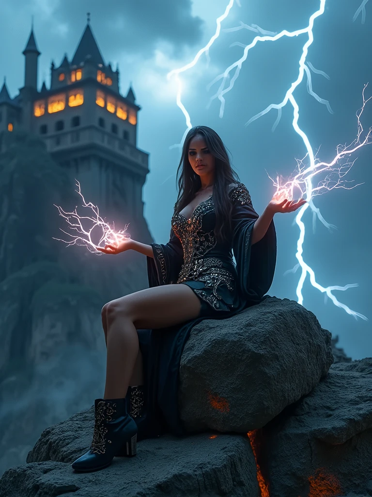Full body shot. A ultra hot gorgeous European woman, 23 years old. She’s a playmate and men magazine model. Powerful and mysterious sorceress. Smile, sitting on a rock, ((Legs wide open)). Casting Lightning magic from her hands, detailed leather dress, clothing with gemstones and fractal patterns engraved (She's not wearing any panties) background castle on a cliff, black clouds, storm, lightning in the sky.
Ultra realistic Photography.highly detailed, sharp focus, sci-fi, dystopian, backlight, dark fantasy.