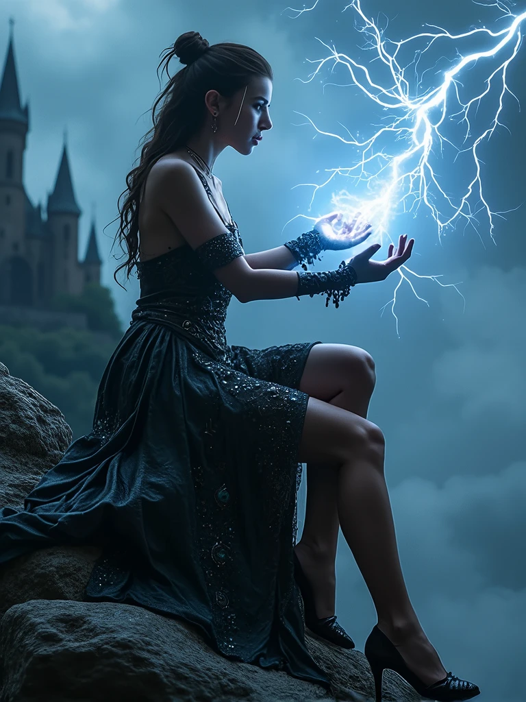 Full body shot. A ultra hot gorgeous European woman, 23 years old. She’s a playmate and men magazine model. Powerful and mysterious sorceress. Smile, sitting on a rock, ((Legs wide open)). Casting Lightning magic from her hands, detailed leather dress, clothing with gemstones and fractal patterns engraved (She's not wearing any panties) background castle on a cliff, black clouds, storm, lightning in the sky.
Ultra realistic Photography.highly detailed, sharp focus, sci-fi, dystopian, backlight, dark fantasy.