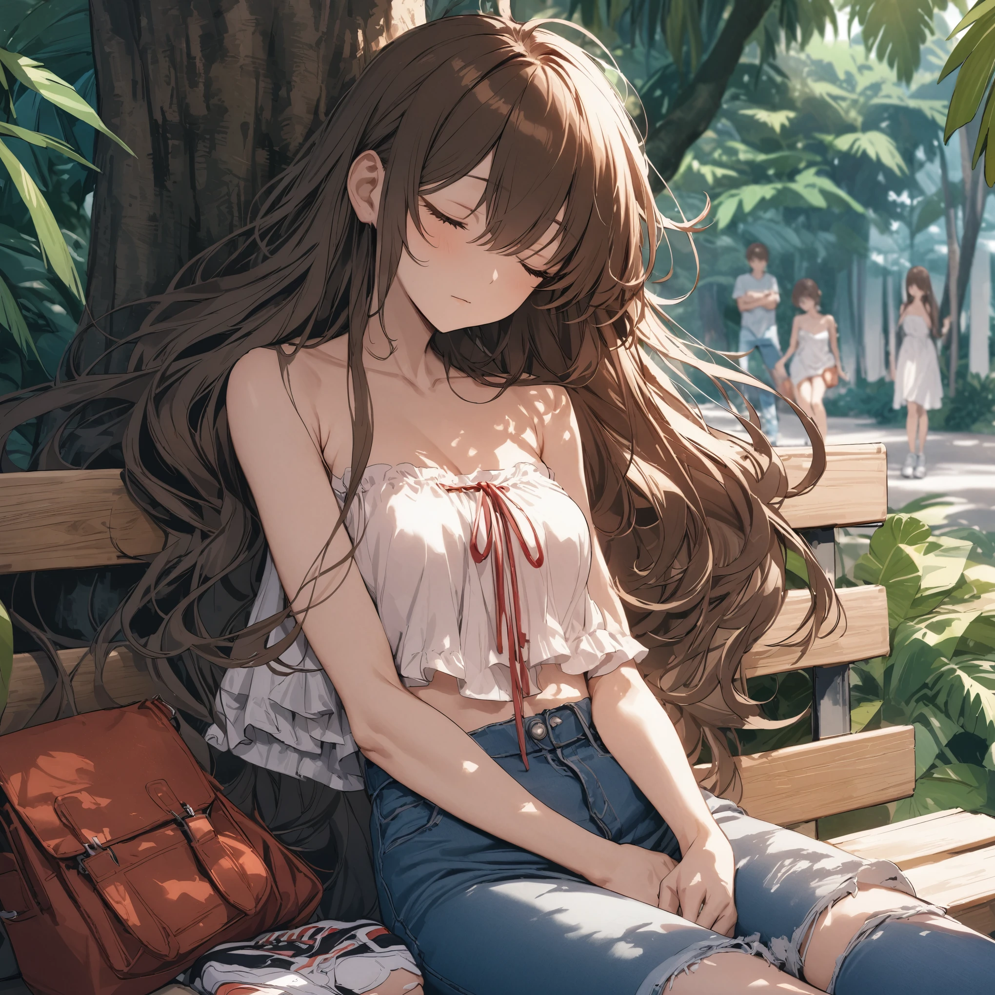Best quality, masterpiece, very long hair, brown hair swept bangs and closed eyes, strapless sleeveless wink shirt with black string, jeans, toned arms, teal satchel, sneakers, sleeping outdoors under tree, sitting, , tropical plants, shade, 