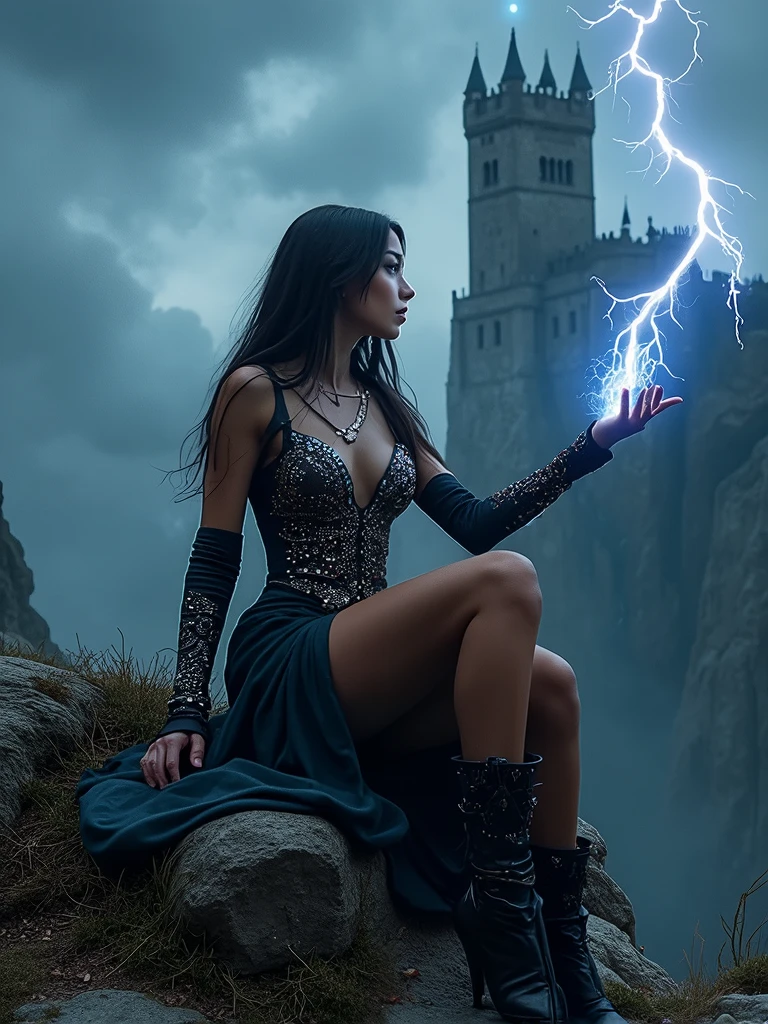 Full body shot. A ultra hot gorgeous European woman, 23 years old. She’s a playmate and men magazine model. Powerful and mysterious sorceress. Smile, sitting on a rock, ((Legs wide open)). Casting Lightning magic from her hands, detailed leather dress, clothing with gemstones and fractal patterns engraved (She's not wearing any panties) background castle on a cliff, black clouds, storm, lightning in the sky.
Ultra realistic Photography.highly detailed, sharp focus, sci-fi, dystopian, backlight, dark fantasy.