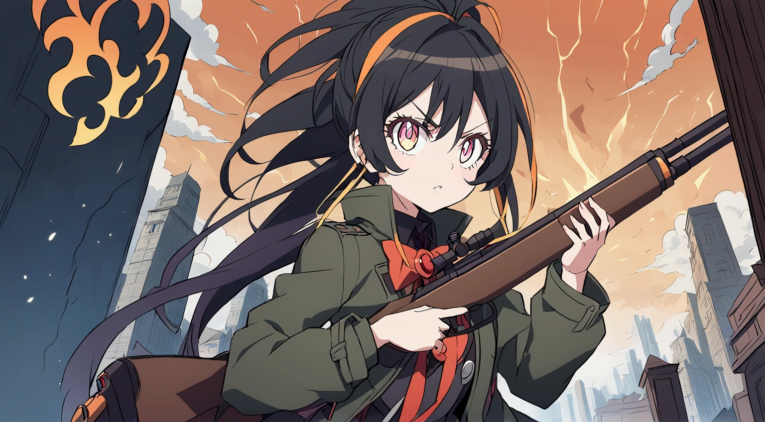 Tanya, anime girl with black hair, with an antique sniper rifle, military girl, in a green coat, Guilty Gear art style, demonic anime girl, anime military flirting with casting magic, witch girl, anime monster girl, located in the right corner of the screen, holding an old sniper rifle, with both hands, one hand on the trigger, the other on the gun. indo european city scenery background,