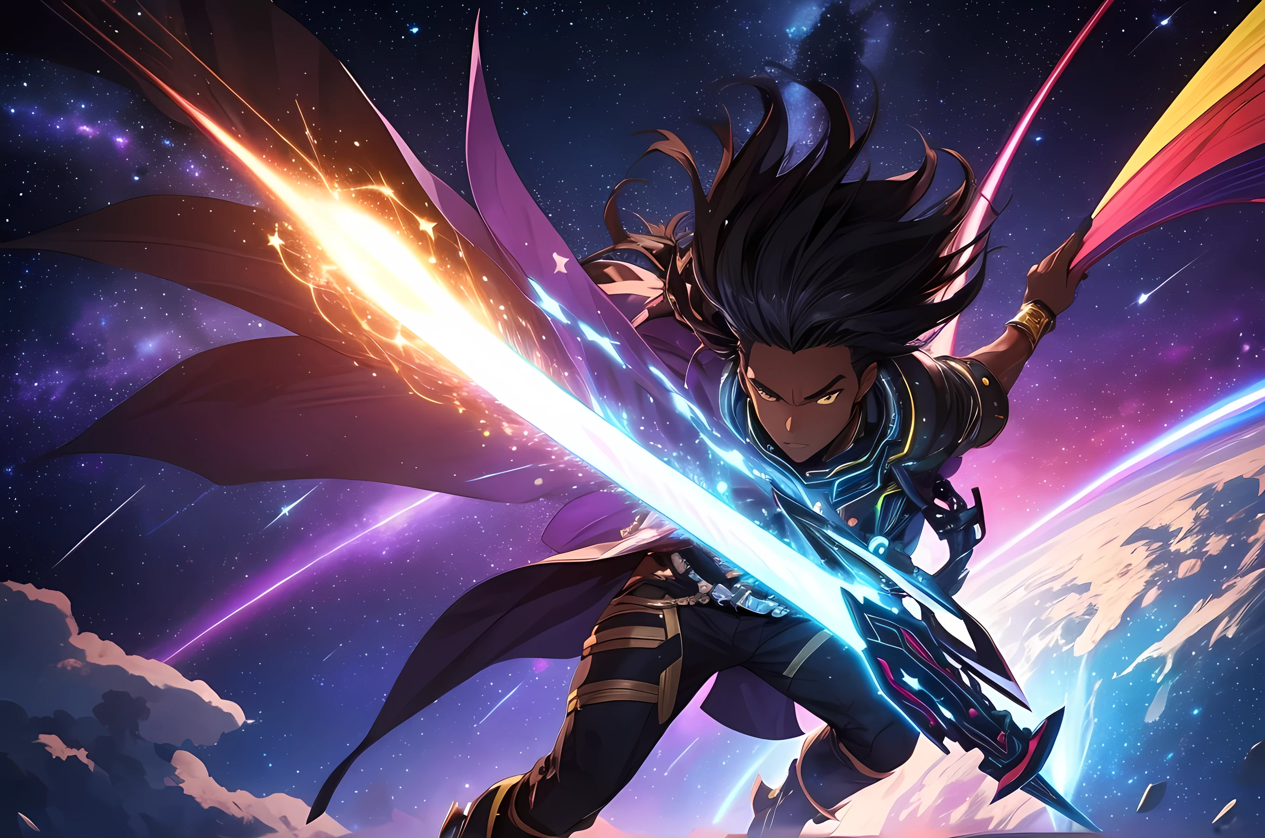 African American male, dark skinned male, long spiky hair, battle outfit, rainbow sword, flying through space, colorful, galaxies, planets