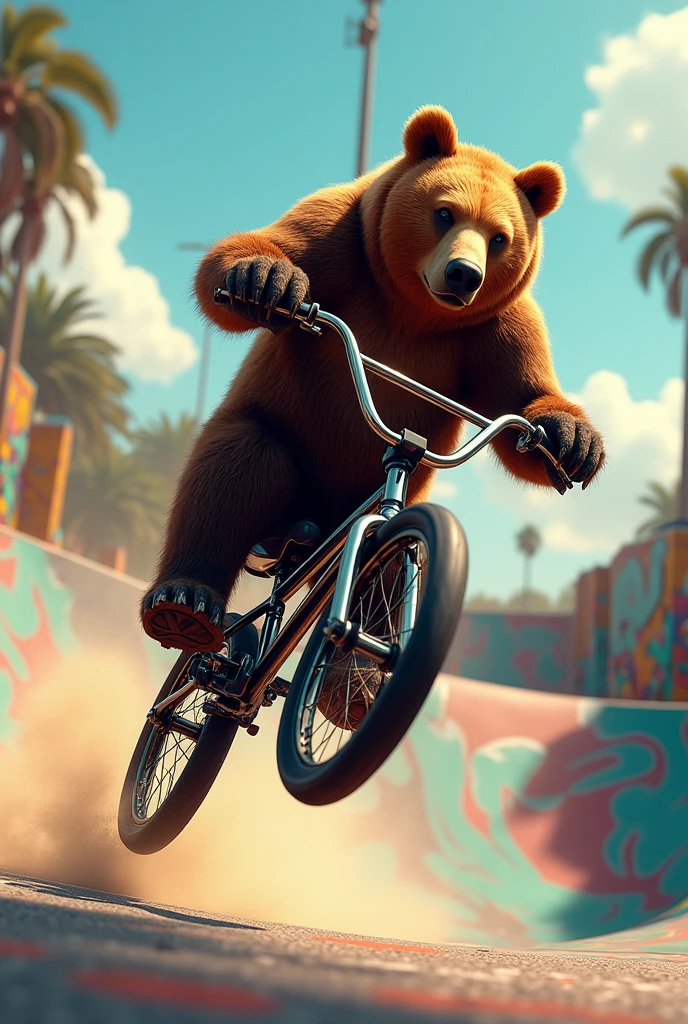 A bear riding a bicycle, BMX Free Style park, Performing difficult tricks on a BMX, octane render, rendered by unreal engine, highly realistic render, digital media artwork