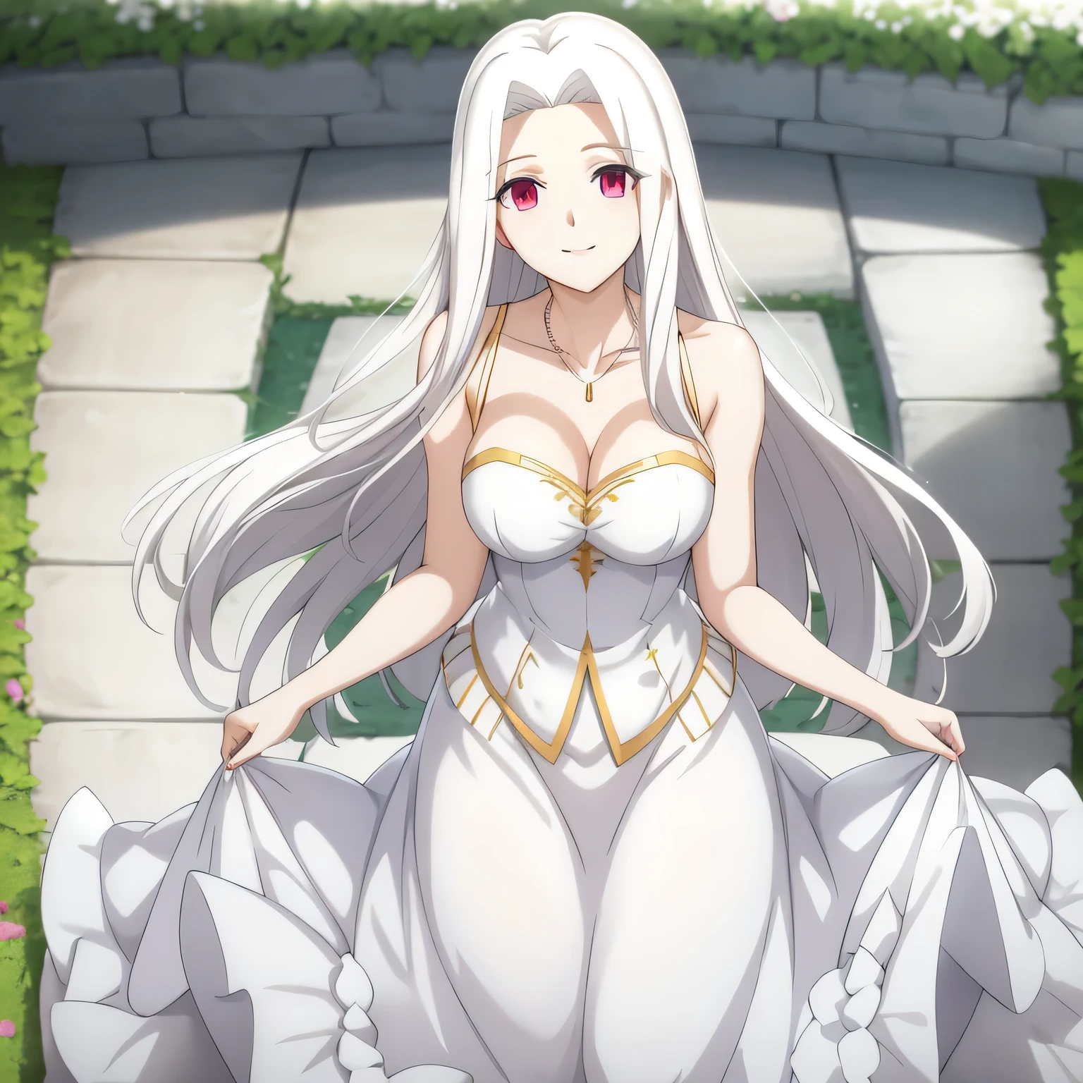 Irisviel,white with gpld dress sleeveless,solo,looking at viewer,beautiful smile,arm at side,middle size of breast,beautiful necklace,matching remix,revealing dress,in beautiful garden