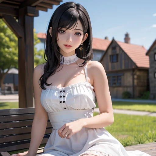 tifa lockhart, mksks style, (very detailed background:1.0), (highly detailed background:1.0), final fantasy vii remake, (red eyes), 1girl, bare shoulders, aqua dress, black hair, green dress, sleeveless dress , sundress, house, long hair, night, night sky, open mouth, outdoors, ponytail, sitting, sky, sleeveless, sleeveless dress, star (sky), starry sky, town, aged down, small breasts, ((white frills)), (white dress), 