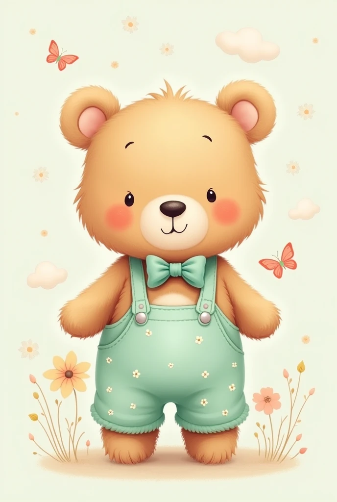 A sweet, delicate and tender little bear with a mint green outfit. I'll use it for a baby shower decoration, I need it to be versatile.