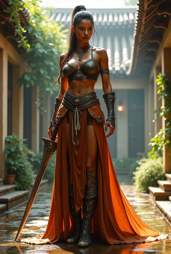 araffe woman in leathers posing in a courtyard with a sword, a 3D render by Adrian Zingg, trending on Artstation, fantasy art, giant stunning goddess shot, muscular! fantasy, muscular warrior women, muscular sweat lara croft, stuning fantasy 3 d render, muscular ultraviolent woman, detailed and fantasy, japanese goddess, shiny wet skin!!
