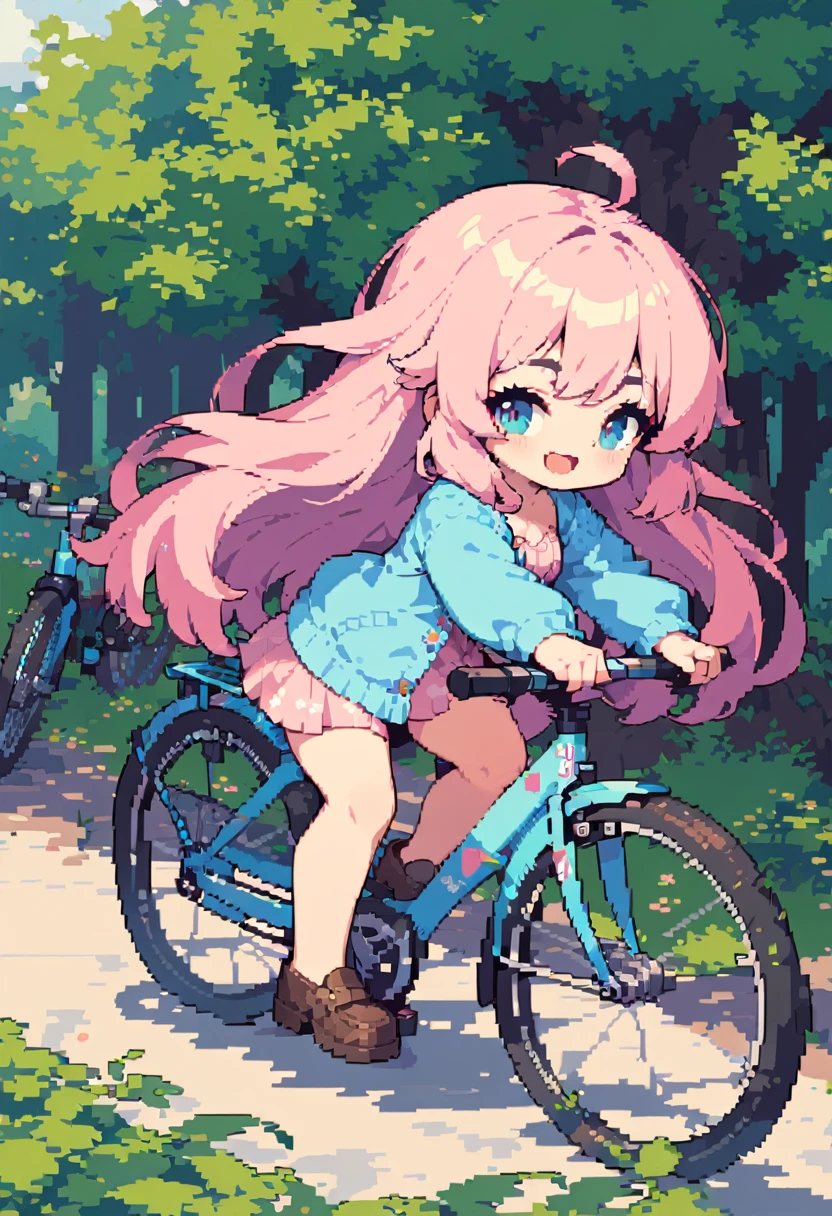 masterpiece, Highest quality, 8k, Pixel art, Pixel art, Vivid, woman, 若いwoman, smile, cute, Turning at an angle, Open your mouth, Fluffy hair, Long Hair, Hair like sheep's hair, Pink Hair, eyebrow, 太いeyebrow, Pink dress, Light blue cardigan, Brown shoes, (Riding a bicycle, The tires are very large