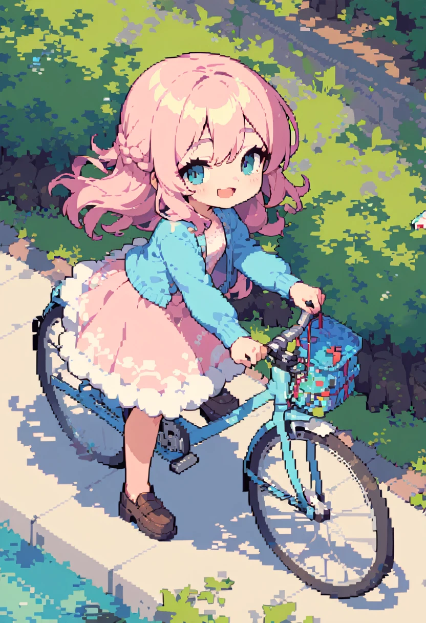 masterpiece, Highest quality, 8k, Pixel art, Pixel art, Vivid, woman, 若いwoman, smile, cute, Turning at an angle, Open your mouth, Fluffy hair, Long Hair, Hair like sheep's hair, Pink Hair, eyebrow, 太いeyebrow, Pink dress, Light blue cardigan, Brown shoes, (Riding a bicycle, The tires are very large