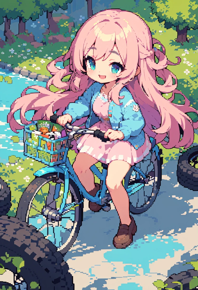 purple hair, two-tone hair, split-color hair, pink hair, blunt bangs, very long hair, purple eyes, . large breasts, solo, nsfw, nipple, ride a bicycle、16 years old、 amusement park、