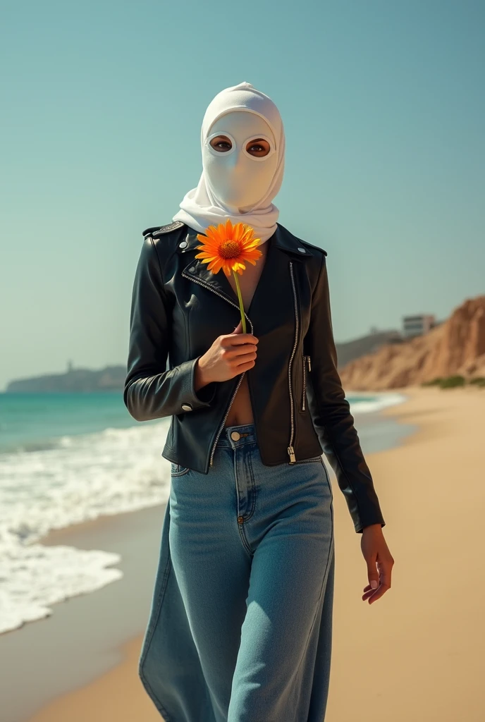 completely hidden face misterious white arabic woman wearing 2 eye holes ski mask covering mouth and nose, without hair, black leather jacket, wide denim maxi skirt, head scarf, walking on the beach, barefoot, sunny day, flower in hands