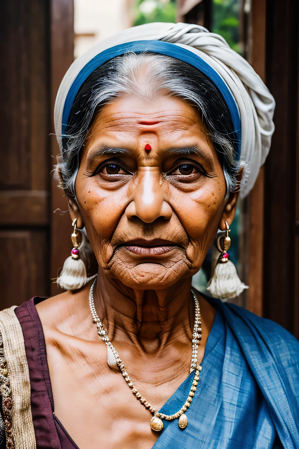 masterpiece, best quality,indian old woman , grandmother , hyperrealistic , hyperdetailed