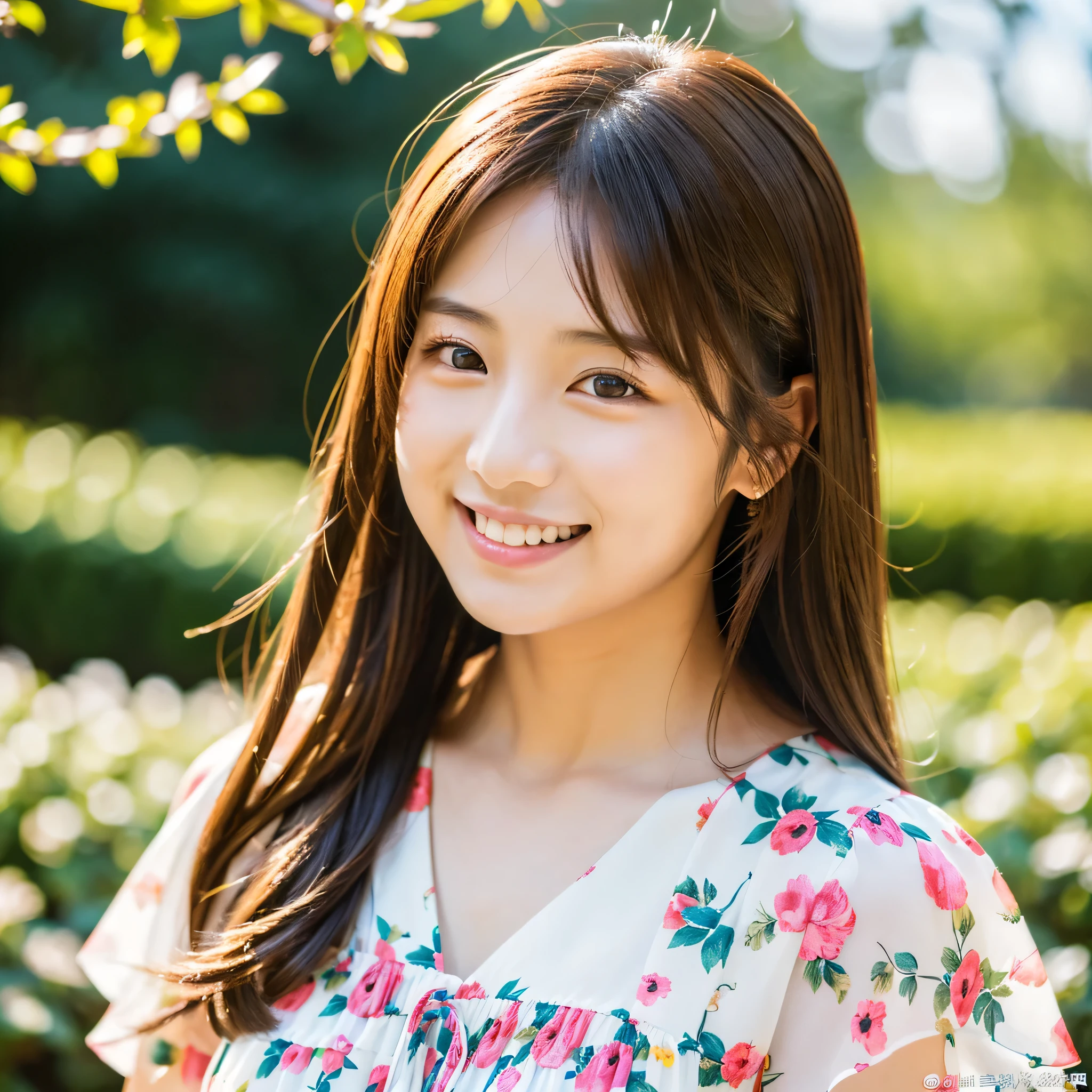 ((最high quality, 8k, masterpiece: 1.3)), (close:0.75), Realistic, Sharp focus, high quality, High resolution, Japanese women、18-year-old、Idol face、Chubby body type、Bust is incredibly large at 40 inches {Floral dress on white background}, ((Very strong sunlight)), smile, Brown hair Sonyoung,Looking at the camera with a smile from the shade of the trees、Upper body image、Close-up 8K image of smile、