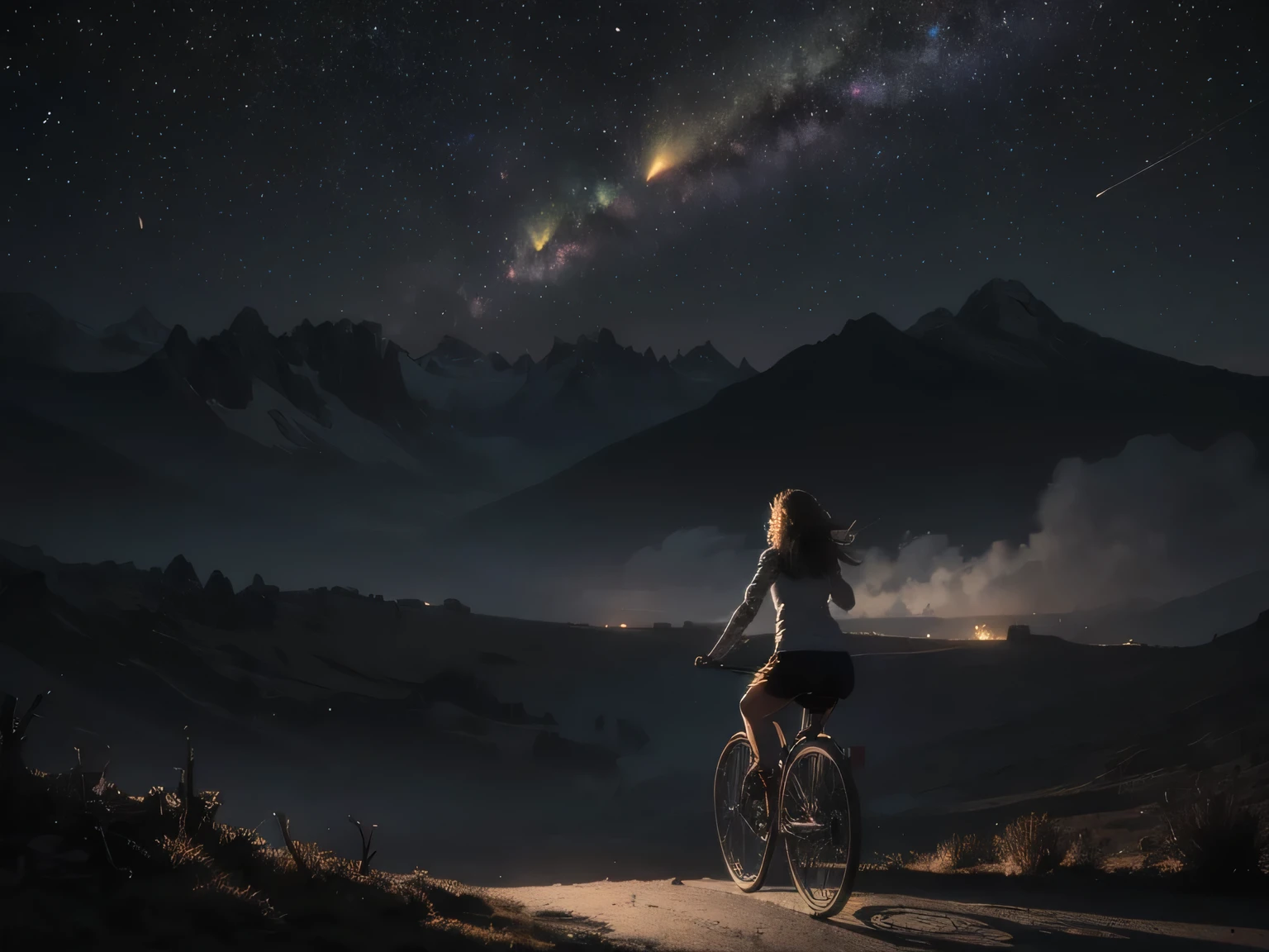 a supernatural girl riding a bicycle in a dark, cursed mountain landscape with a strong backlighting, surrounded by ghostly steam, (best quality, 8k, highres, masterpiece:1.2), ultra-realistic raw photo, professional photography, (realistic, photo-realistic:1.3), cinematic lighting, dramatic rim lighting, meteors, starry sky