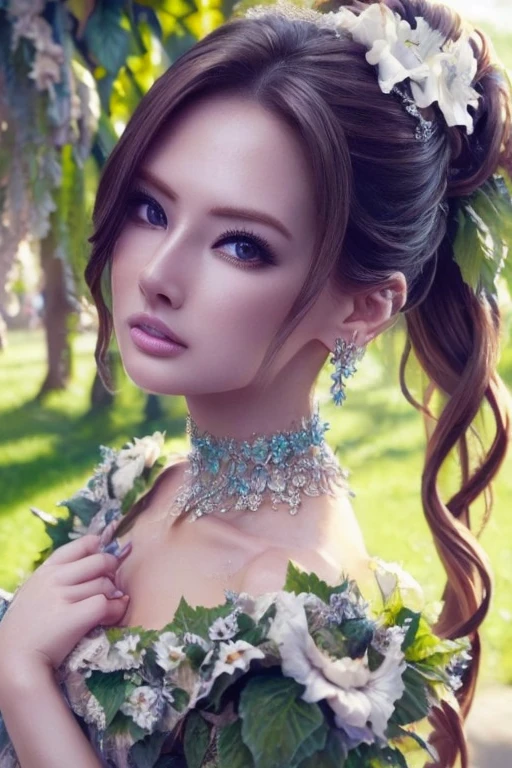 Beautiful black-haired woman with blue eyes, elegant and refined, fish, under sea,Highly detailed face, Detailed eyes, beautiful long eyelashes, complicated details, Award-winning digital art, movie light, Amazing color, realistic, 8k, Masterpiece、(Flowers hide her chest)、(A choker made of ivy)、(The entire body is covered in flowers)、(Bound by vines)、Super Real Photo、Illuminated from the left by strong light、((Flowers cover bare skin))、ponytail、(Bra made of flowers)、View from below、Highly detailed CG integration、Flowing Hair、Super long slit、Twin tails、Bun Hair、(Looking at the viewers with a lonely face)、Wavy Hair、(Random Hairstyles)、(Big earrings、Bracelet)、A strong light shines in.、Particles of light、Dazzling Light、(((斜め上からのカメラアングル)))、