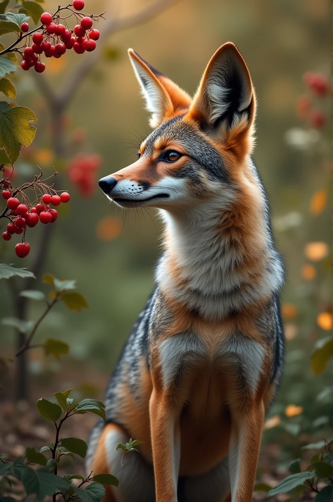 The jackal is looking at the berries