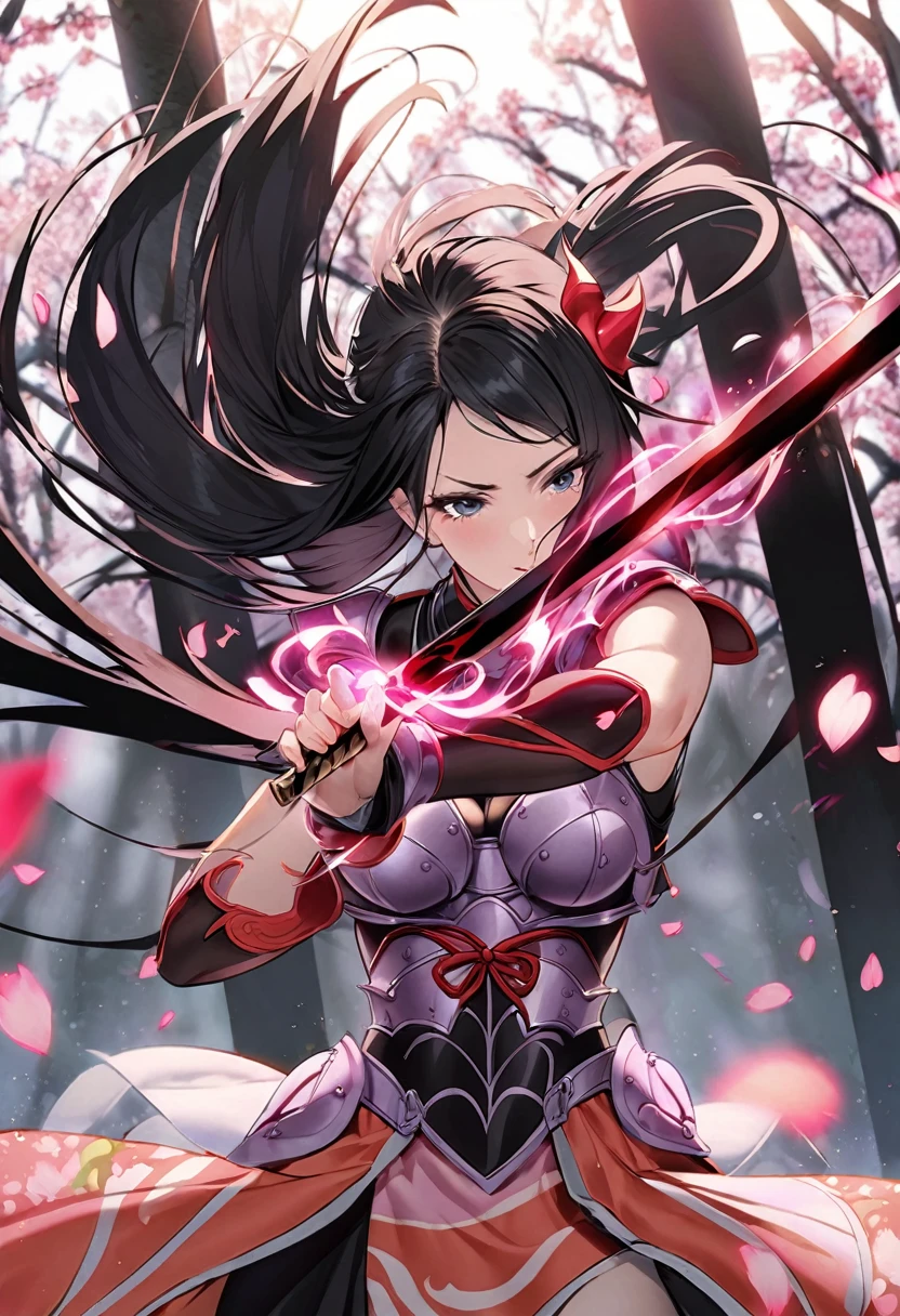 Lucy Liu in feminine samurai battle armor, brightly colored demon themed, dark energy swirls around her, wielding an intricate black bladed sword, she is moving through a cherry orchard, cherry petals falling around her like snow, battle stance,  hateful look on her face, show her from head to toe, show her entire body