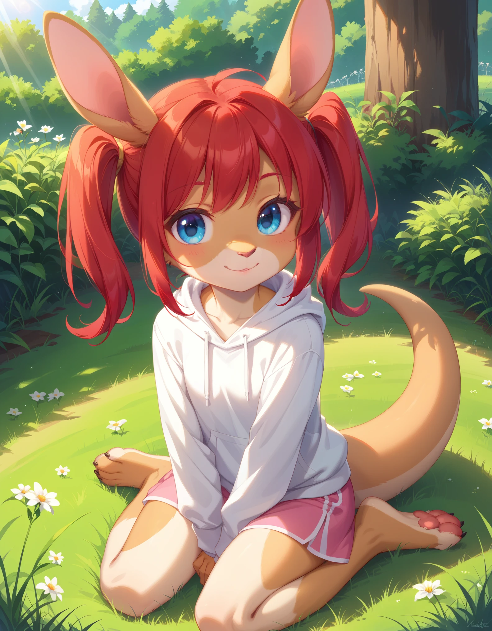 score_9, score_8_up, score_7, rating_ safe, source_furry, furry, camille_w, solo, red hair, twintails, blue eyes, hoodie, kangaroo tail, sitting, outdoors, grass, looking at viewer, smile, cute, sunlight, natural lighting, 