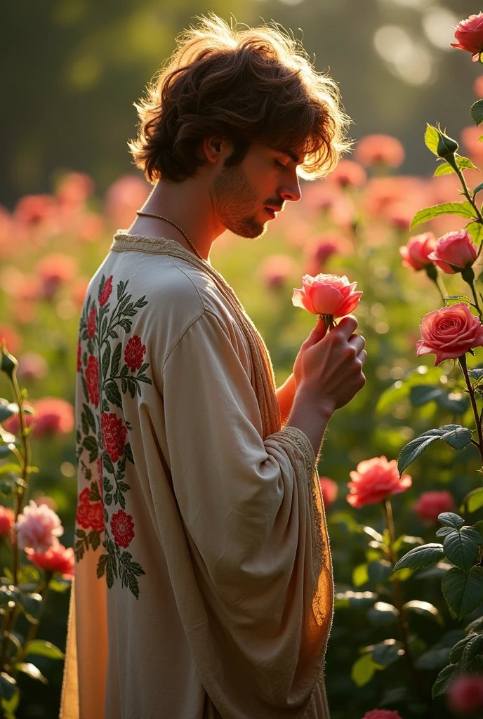 Envision a photograph of a male model standing in a field of lush purple flowers, inspired by the soft, poetic aesthetic of photographers like Bruce Weber or Herb Ritts, who often captured the intersection of nature and human form with a sensual, dreamlike quality. slender and lean, toned build with a light dusting of chest hair, evoking a natural and earthy appeal. He holds a small cluster of a flowers, creating an air of mystery and intimacy while also harmonizing with the surrounding floral environment.
The model stands upright in a slightly relaxed posture, his torso subtly angled to the camera, allowing the light to highlight the natural contours of his physique. His expression is serene and reflective, contributing to the tranquil atmosphere of the image. He wears only dark green embroidery robe, further emphasizing his connection to nature and the rawness of the moment.
The composition uses a medium framing, keeping the model’s upper body in focus while the background is rich with softly blurred greenery and wildflowers. The lighting is natural, with soft daylight illuminating the scene, creating warm tones on the model’s skin while enhancing the purples and greens in the environment. This gives the image a calm, almost surreal atmosphere, with the light and colors playing off each other harmoniously.
The camera is positioned at eye level, allowing the viewer to connect directly with the model, while a 50mm or 85mm prime lens would capture this scene beautifully, keeping the depth of field shallow to subtly blur the background while maintaining the sharpness of the model and the flowers he holds. This framing highlights the delicate balance between the rugged masculinity of the model and the softness of nature around him, drawing inspiration from classic fashion and fine art photography, where themes of nature, sensuality, and human connection intertwine seamlessly. The photograph could evoke a sense of peaceful contemplation,