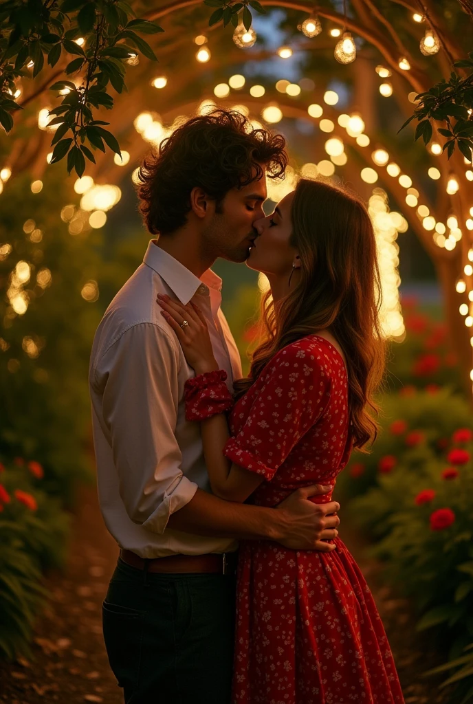 Timothée Chalamet kissing a girl in a short red dress, showing a promise ring at night in a garden with lights