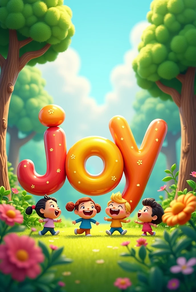 The world of joy 3d logo with nature background and animated happy friends 