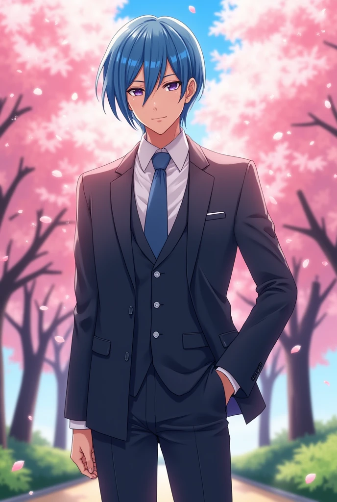 A Japanese man in a sunny park with his medium long hair in formal clothes and blue hair in anime style